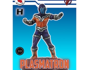 May include: A purple and orange superhero miniature figure with a blue helmet and the text "PLASMATRON" on the base. The figure is standing on a red base with a black circle containing the number "30".