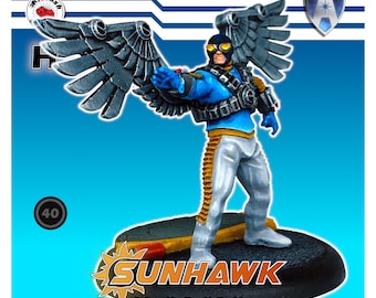 May include: A blue and white superhero miniature figure with metallic wings, standing on a black base with the words "Sunhawk" and "Painted by Ten NoBushi" in yellow and red. The figure is wearing a blue and white suit with a yellow belt and a black mask. The base also includes the copyright information "Copyright © 2024 Kitbash Games".
