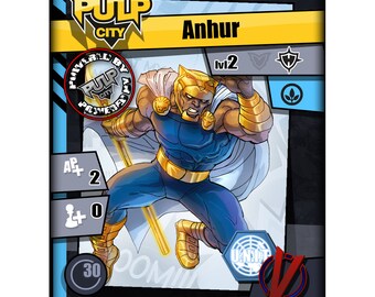May include: A blue and gold comic book character card with the title "Anhur" and the text "Brawler" and "Pulp City". The character is a muscular man with a golden helmet and cape. The card has a blue background with a white border.