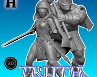Puede incluir: Figuras grises impresas en 3D que representan dos personajes. Uno sostiene una espada, el otro un martillo. El texto "TRUTH & JUSTICE" se muestra en una fuente estilizada. El fondo es un degradado azul.
