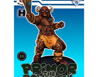 May include: A brown and orange miniature figurine of a bull-like creature with horns, wearing a red headdress and holding a wooden club. The figurine is standing on a black base. The text "PRIMOR THE POWERFUL" is written in large, black letters below the figurine.