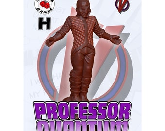 May include: A brown plastic miniature figure of a person wearing a red and brown patterned suit and a helmet. The figure is standing with arms outstretched. The figure is labeled "Professor Quantum".