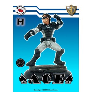 May include: A black and white miniature figure of a superhero with a black mask and a white suit. The figure is posed in a fighting stance with one arm raised. The figure is standing on a black base with the word "ACE" printed in white. The figure is labeled with the letter "H" and the number "30".