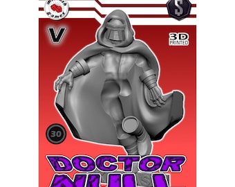 Puede incluir: Figura gris impresa en 3D de Doctor Null, con una capa con capucha y armadura detallada. La figura se encuentra sobre un fondo rojo con el texto "Doctor Null" en morado y blanco. La imagen también incluye el texto "3D Printed" y el logotipo de Kitbash Games.