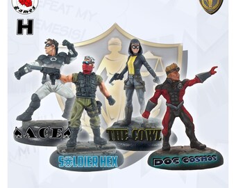 May include: Four painted miniature figures of superheroes, each standing on a round base with a name printed on it. The figures are Ace, The Cowl, Soldier Hex, and Doc Cosmos. The figures are painted in various colors, including black, white, red, green, and yellow.