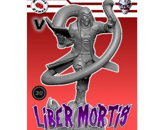 Puede incluir: Figura impresa en 3D de una figura esquelética con un abrigo largo, sosteniendo un libro y un apéndice en forma de tentáculo. La figura se encuentra sobre una base con el texto "Liber Mortis" en púrpura. El fondo es rojo con el logo de Kitbash Games.
