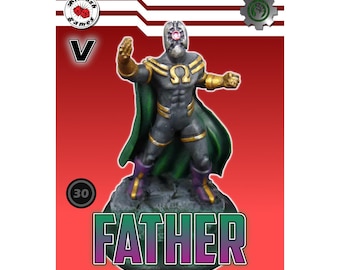 May include: A painted miniature figure of a superhero wearing a black and green costume with a gold omega symbol on the chest. The figure is standing on a base with the word "FATHER" printed on it. The figure has a red eye and a black mask.