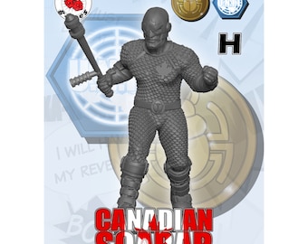 Puede incluir: Figura de acción gris del Canadian Scarab, un personaje de superhéroe, sosteniendo un arma. La figura lleva un traje escamoso con un emblema de hoja de arce. La imagen incluye el nombre del personaje en rojo y blanco.