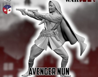 Puede incluir: Una figura en miniatura de plástico gris de una mujer con una capa con capucha y sosteniendo dos pistolas. La figura está en una postura de acción dinámica. El texto "AVENGER NUN" está impreso debajo de la figura. El texto "PULP WAR" está impreso en la esquina superior derecha de la imagen. El texto "Copyright © 2021 Kitbash Games" está impreso debajo de la figura.