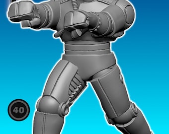 Puede incluir: Una figura de robot de metal gris con un casco y un gran número 40 negro redondo en el pecho. El robot está de pie con los brazos extendidos y las piernas dobladas. La figura está etiquetada "ARMORDILLO" en letras grandes de plata. El fondo es de color azul claro con un patrón de rayas blancas y rojas.