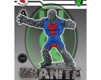 May include: A grey stone figure wearing a red and blue suit, standing on a grey base. The figure is labelled "GRANITE" and has a number "30" on its base. The figure is a miniature for a tabletop game.