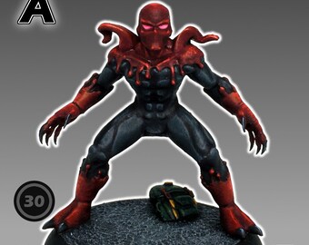 Puede incluir: Una figura en miniatura pintada de rojo y negro que representa a una criatura con una cabeza membranosa y garras. La figura está de pie sobre una base negra con una mochila verde. La figura está etiquetada con "A" y "30". El texto "MEMBRANE" está escrito en letras verdes debajo de la figura. El texto "Pintado por Ten NoBushi" y "Copyright © 2023 Kitbash Games" están escritos debajo de la figura.
