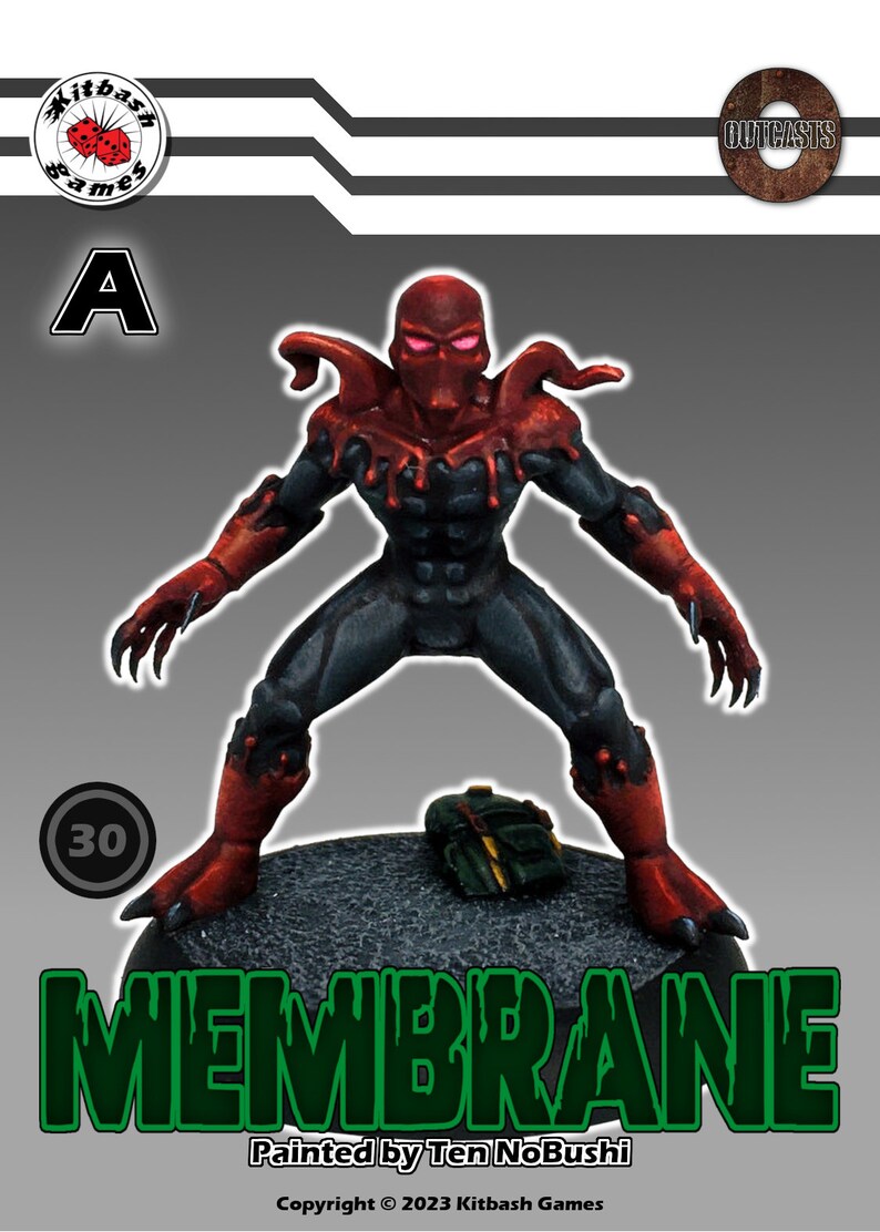 Peut inclure: Une figurine miniature peinte en rouge et noir repr&eacute;sentant une cr&eacute;ature avec une t&ecirc;te en forme de membrane et des griffes. La figurine est debout sur une base noire avec un sac &agrave; dos vert. La figurine est &eacute;tiquet&eacute;e "A" et "30". Le texte "MEMBRANE" est &eacute;crit en lettres vertes sous la figurine. Le texte "Peint par Ten NoBushi" et "Copyright &copy; 2023 Kitbash Games" sont &eacute;crits sous la figurine.