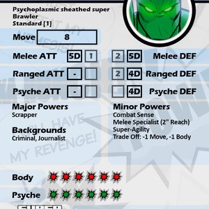 Peut inclure: Une carte de personnage pour un jeu appel&eacute; "Super Mission Force". La carte pr&eacute;sente un personnage humano&iuml;de vert aux yeux brillants. Le personnage s'appelle "Membrane" et est d&eacute;crit comme un "super bagarreur envelopp&eacute; de psychoplasme". La carte comprend les statistiques du personnage, telles que "Move", "Melee ATT", "Ranged ATT" et "Psyche ATT". La carte liste &eacute;galement les "Pouvoirs majeurs" et les "Pouvoirs mineurs" du personnage.