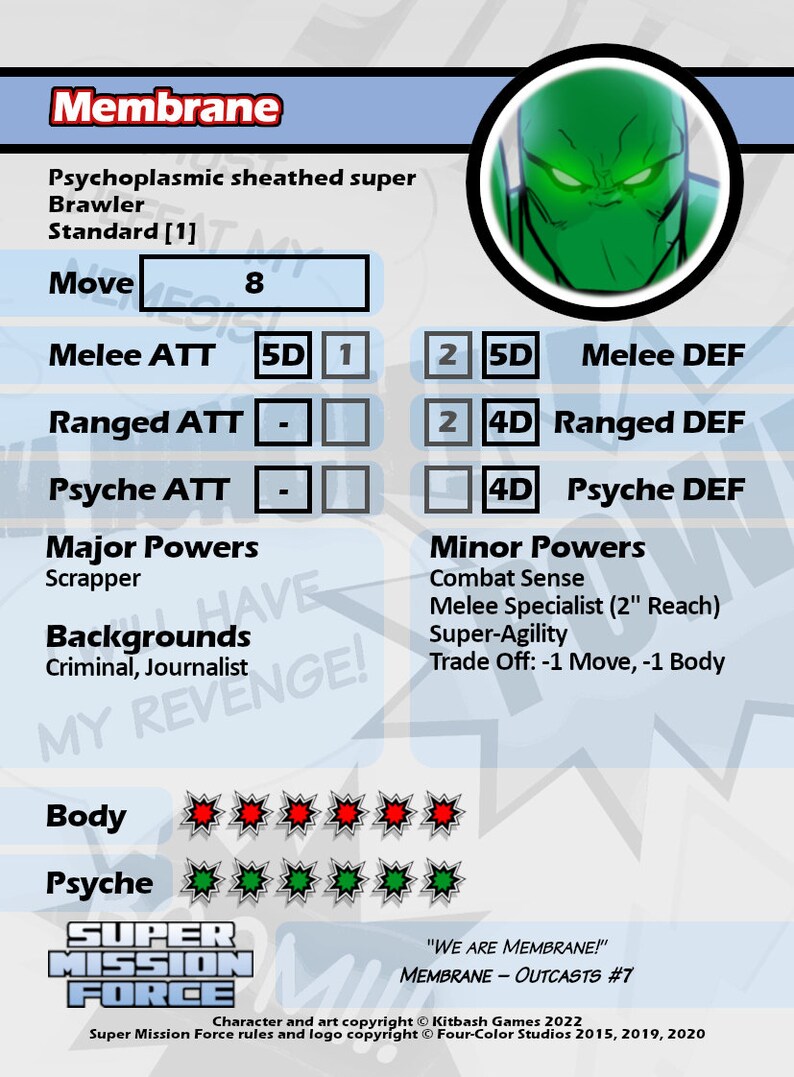 Peut inclure: Une carte de personnage pour un jeu appel&eacute; "Super Mission Force". La carte pr&eacute;sente un personnage humano&iuml;de vert aux yeux brillants. Le personnage s'appelle "Membrane" et est d&eacute;crit comme un "super bagarreur envelopp&eacute; de psychoplasme". La carte comprend les statistiques du personnage, telles que "Move", "Melee ATT", "Ranged ATT" et "Psyche ATT". La carte liste &eacute;galement les "Pouvoirs majeurs" et les "Pouvoirs mineurs" du personnage.