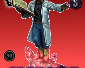 Puede incluir: Una figura en miniatura pintada de una figura encapuchada con un libro en una mano y una base roja incandescente. La figura lleva una capa blanca, pantalones vaqueros azules y gafas rojas. La figura está etiquetada como "Grimoire" y tiene un símbolo de dólar a su lado. La figura es parte de un juego de mesa.