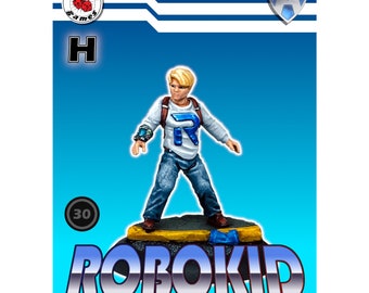 May include: A painted miniature figure of a young boy wearing a blue and white shirt with the letter "R" on it. He is wearing blue jeans and has a backpack on. The figure is standing on a small, gray base. The figure is labeled "ROBOKID" and is part of a set of miniatures.