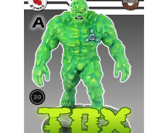 Puede incluir: Una figura de monstruo verde con la palabra "TOX" en letras verdes brillantes. La figura tiene un símbolo de peligro biológico en el pecho y está etiquetada con "30" y "A". La imagen también incluye el texto "Outcasts" y "Copyright © 2023 Kitbash Games".
