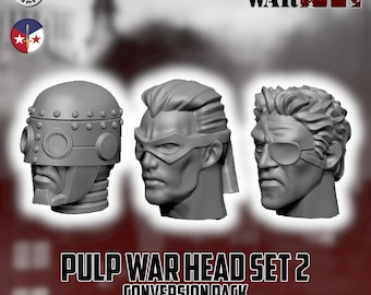 Puede incluir: Tres cabezas de plástico impresas en 3D para juegos de guerra en miniatura. Las cabezas son de color gris y presentan diferentes estilos, incluyendo un casco, una cara enmascarada y una cara con un parche en el ojo. El texto "PULP WAR HEAD SET 2 CONVERSION PACK" está impreso debajo de las cabezas.
