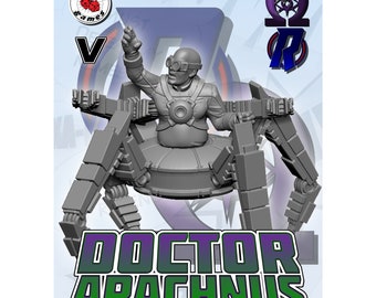 May include: A gray plastic miniature of a character called Doctor Arachnus, riding a spider-like mechanical vehicle. The miniature is part of a tabletop game.