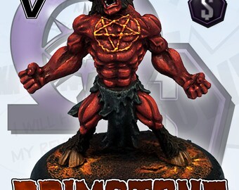 May include: A red, demonic figure with horns and a pentagram on its chest. The figure is standing on a base with a fiery orange texture. The figure is painted in a realistic style and has a menacing expression. The text "BRIMSTONE" is printed in large, bold letters below the figure.