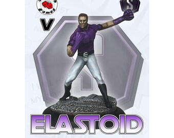 May include: A painted miniature figure of a superhero, called "ELASTOID", wearing a purple shirt, white pants, and black boots. The figure is holding a dollar sign in its hand. The figure is standing on a rocky base.