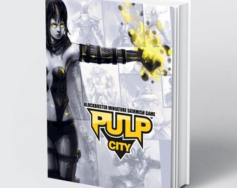 Puede incluir: Una portada de libro para el juego Pulp City. La portada presenta a una mujer con un atuendo negro con una explosión de energía amarilla que sale de su mano. El título "Pulp City" está en letras amarillas sobre un fondo negro.