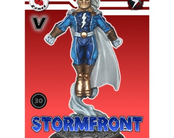 May include: A painted miniature figure of a superhero with a lightning bolt on their chest, flying with a white cape. The figure is painted in blue, gold, and white. The figure is standing on a gray base with the text "STORMFRONT" in blue letters. The figure has a white head with gray hair and a serious expression. The figure is labeled with a "V" and a number "30".