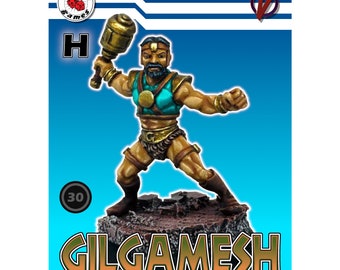 May include: A painted miniature figurine of Gilgamesh, a legendary king from Mesopotamian mythology, wielding a large hammer. He is depicted with a muscular build, a beard, and a golden loincloth. The figure is set against a blue background with the text "Gilgamesh" and "Painted by Ten NoBushi" below.