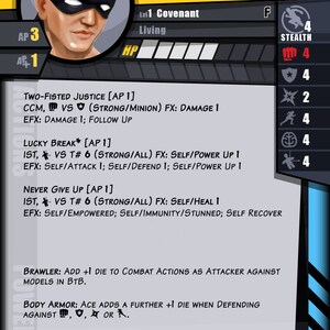 May include: A character card for a game called "Ace" from the "Covenant" faction. The card features a masked man with a black mask and a black and white shirt. The card has a health bar, a stealth rating, and a number of other stats. The card also has a number of special abilities, such as "Two-Fisted Justice" and "Lucky Break".