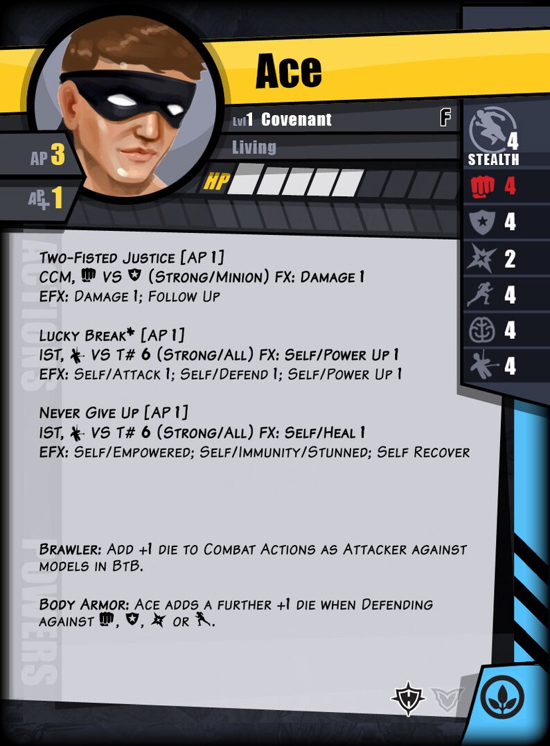 May include: A character card for a game called "Ace" from the "Covenant" faction. The card features a masked man with a black mask and a black and white shirt. The card has a health bar, a stealth rating, and a number of other stats. The card also has a number of special abilities, such as "Two-Fisted Justice" and "Lucky Break".