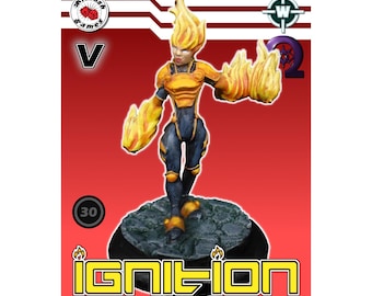 May include: A miniature figure of a female character with a fiery orange and yellow hair and flames coming from her hands. The figure is standing on a black base with a gray textured surface. The figure is labeled "IGNITION" in yellow letters. The figure is part of a miniature game.