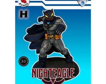 May include: A painted miniature figure of a superhero called "Nighteagle". The figure is wearing a blue and gray costume with a yellow belt and a black mask with glowing yellow eyes. The figure is posed in a fighting stance with its right arm raised. The figure is standing on a black base with the name "Nighteagle" written in red letters. The figure is labeled with the letter "H" and the number "30".