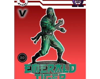 May include: A green painted miniature figure of a ninja, standing on a round base. The figure is wearing a black mask and has a green and black outfit. The figure is labeled "Emerald Tiger" and has a number "30" on the base.