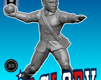 Puede incluir: Una figura en miniatura de plástico gris de un niño pequeño que lleva una máscara y sostiene una granada. La figura está de pie sobre una base con el texto "KID GLORY" en letras rojas, blancas y azules. La figura está etiquetada con el número "30".