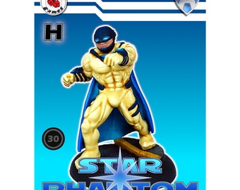 May include: A yellow and blue superhero miniature figure with a cape and a mask. The figure is standing on a black base with a white star and the words "STAR PHANTOM" printed on it. The figure is labeled "H" and "30".