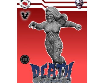 May include: A gray Death Beetle figurine on a red background. The figurine is of a female character with long hair and a scaled bodysuit. The image includes the text "Death Beetle" and the copyright information for Kitbash Games.