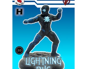 May include: A blue and black superhero miniature figure with a white star on its chest. The figure is standing on a black base with the words "Lightning Bug" written in white. The figure is labeled "H" and has a number "30" on its base. Copyright 2023 Kitbash Games.