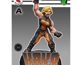 Puede incluir: Una figura en miniatura de un personaje femenino con cabello rubio, que lleva un atuendo naranja y negro, con el puño en alto. La figura está de pie sobre una base negra con el texto "KAYO THE BOUNCER" en letras naranjas. La figura está etiquetada con "A" y tiene el número "30" en un círculo.