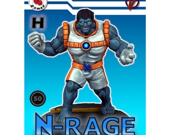 Puede incluir: Una figura en miniatura azul y gris de un superhéroe que lleva un traje blanco y naranja con un círculo azul brillante en el pecho. La figura está de pie sobre una tabla de surf y tiene el texto "N-RAGE" impreso debajo. La figura está pintada por Ten NoBushi y es un copyright de Kitbash Games.