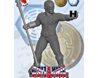 May include: A gray plastic miniature figure of a futuristic soldier wearing a chainmail suit and a helmet with a visor. The figure is holding a staff with a flag at the top. The figure is standing on a base with the words "BRITANNIC SCARAB" printed on it.