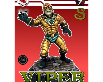 May include: A miniature figurine of a character named Viper, painted in gold, teal, and black. The figure stands on a textured base. The image includes the text "Viper" and "Painted by Ten NoBushi". The copyright is 2023 Kitbash Games.