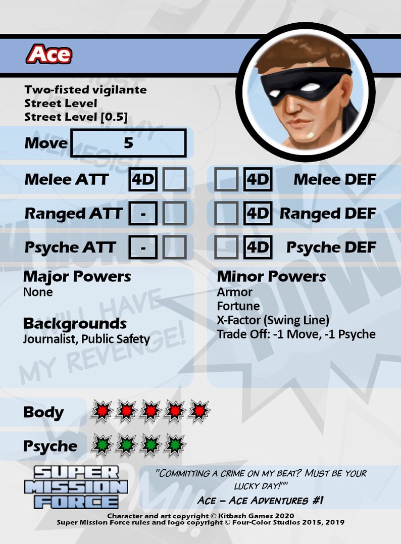 May include: A character card for a game called "Super Mission Force". The card features a masked vigilante named "Ace" with a description of his abilities and powers. The card is blue and white with red and green stars.