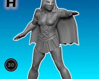 Puede incluir: Una figura en miniatura de plástico gris de una superheroína femenina que lleva una capa con capucha y una máscara. La figura está de pie con un brazo levantado y el otro extendido. La figura está etiquetada con "H" y "30" y forma parte de la línea de miniaturas "Enigmiss".
