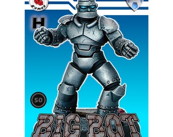 May include: A silver robot miniature with a blue visor, standing on a base with the words "BIG BOT" in red and white letters. The base also has the text "Painted by Ten NoBushi" and "Copyright © 2023 Kitbash Games".