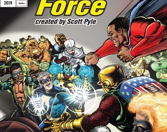 Puede incluir: Portada de cómic con un grupo de superhéroes en poses de acción. La portada se titula "Super Mission Force" con el texto "2nd Edition" en la parte inferior. La portada está ilustrada en un estilo de cómic colorido.