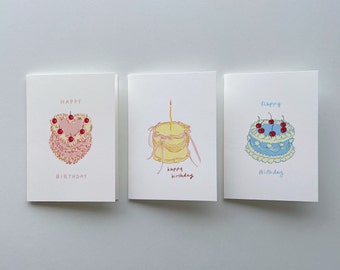 Collezione Torta Vintage / Set di 3 Biglietti / Biglietto di Buon Compleanno / Biglietto d'Auguri / Biglietto Bianco