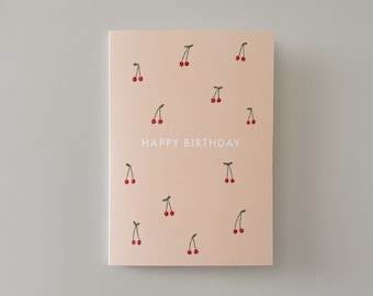 Happy Birthday Pink Cherries Card | Greeting Card | Blank Card