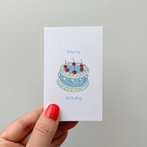 Bolo De Cereja Azul Vintage | Cartão de aniversário | mini cartão comemorativo | Mini vale-presente | Cartão em branco
