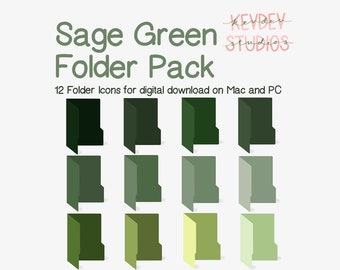May include: A set of 12 sage green folder icons for digital download on Mac and PC.  The icons are in various shades of green, from dark green to light green.